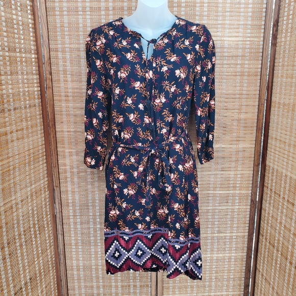 ♤ BeachLunchLounge Belted Floral Tunic Dress Size Small Black Gold Burgundy - Picture 10 of 10